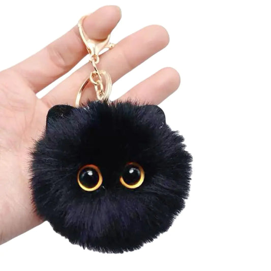 Cute Cat Head Plush Keychains Black Cat Pom Pom Keychain Creative Animal Car Keychain Mini Cartoon Kawaii Backpack Pendant Birthday Fashion Gift (1 Black)
