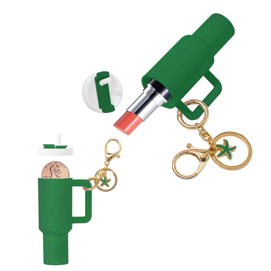 Mini Tumbler Keychain Chapstick Holder Mini Stanley Cup Keychain for School Bag Handbag Backpack Cute Lip Balm Holder Keychains for Women(Green)
